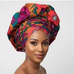 Vibrant Floral Print Head Wrap Scarf Teal Pink Orange Boho Silk Blend